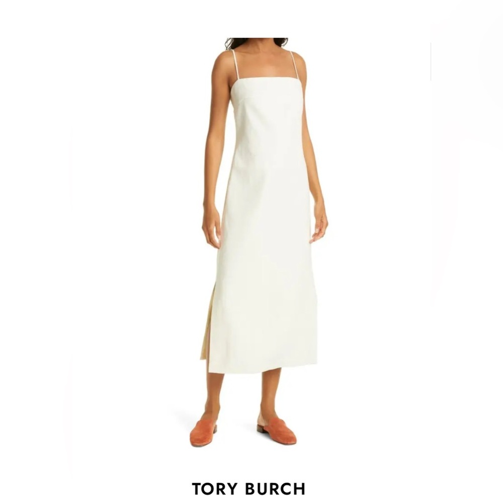 Tory Burch ivory cream tie bow back linen Midi Dress size 10